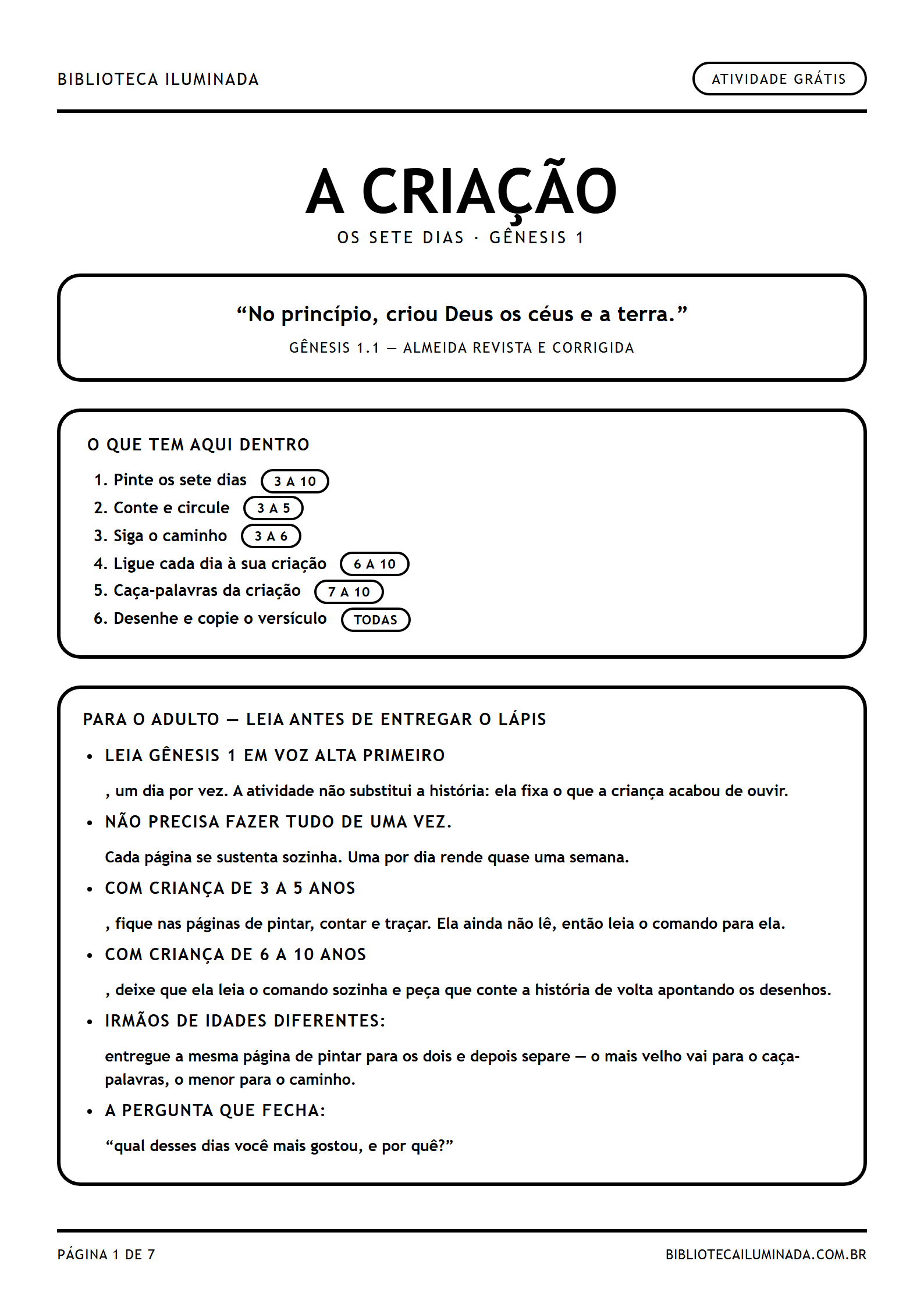 Primeira página da atividade da Criação