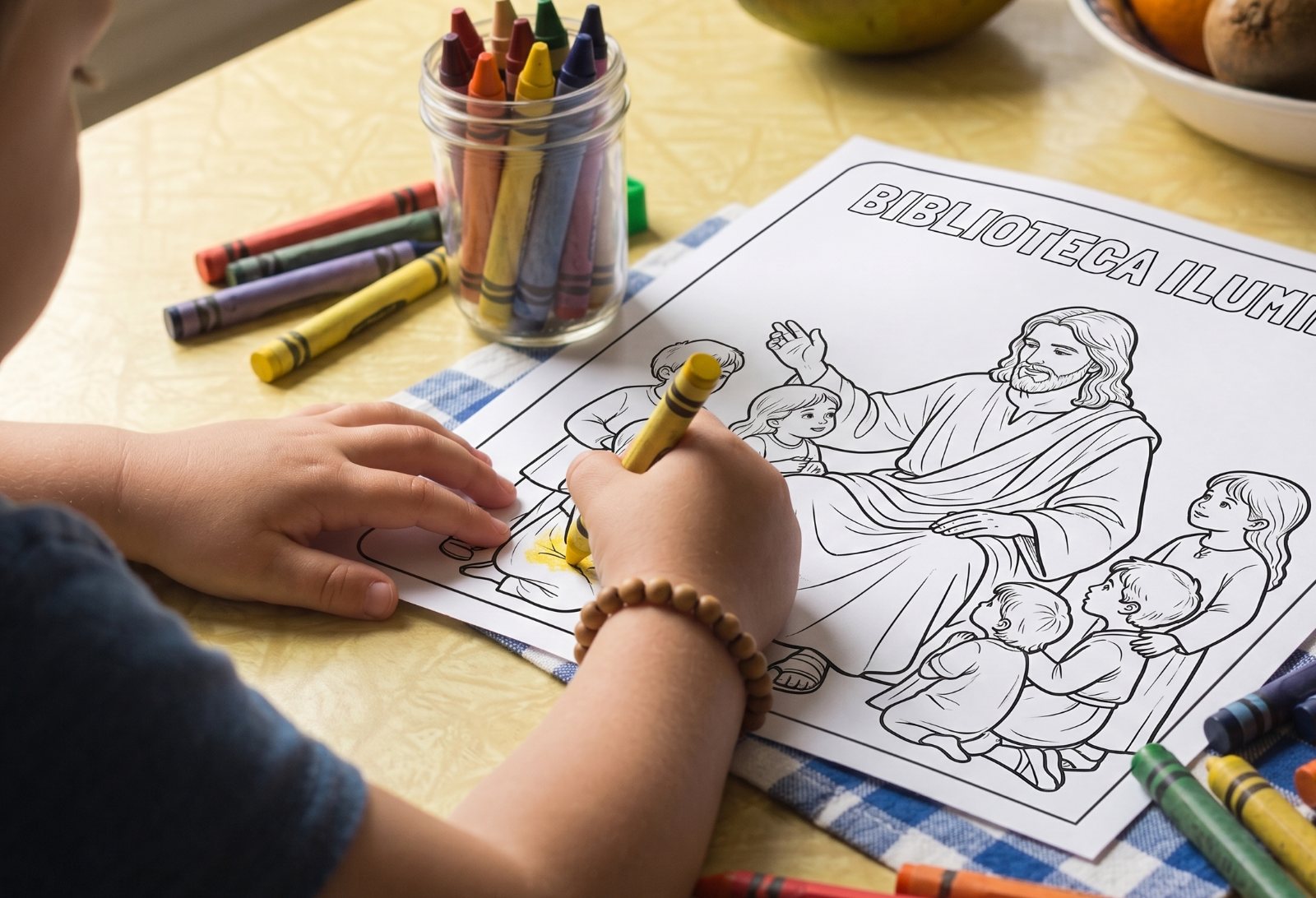 Criança colorindo a atividade impressa de Jesus abençoando as crianças